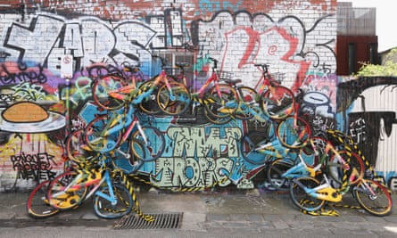 An artwork in Fitzroy, Melbourne built from abandoned oBike scheme bikes.