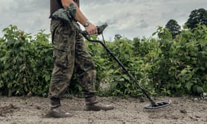 Metal detecting is a contentious issue within the heritage community. A man with a metal detector walks through a field of crops.