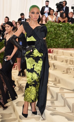 Adwoa Aboah debuted a bright-green hair colour to complement her chartreuse and black gown. A demure look from the model of the moment