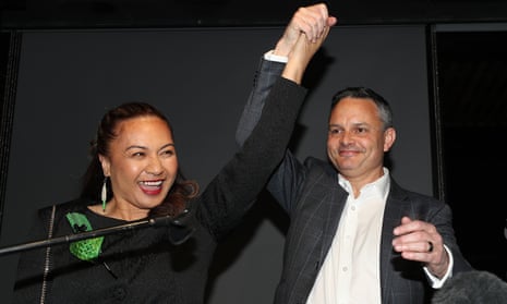 Green party co-leaders Marama Davidson James Shaw greet supporters at an election-night function.