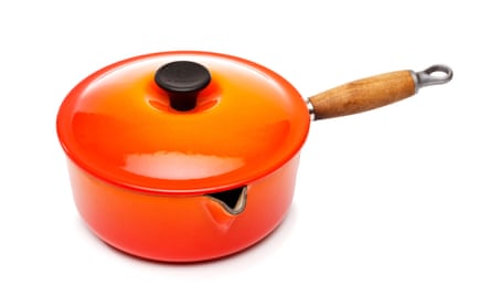 Le Creuset saucepan on a white background