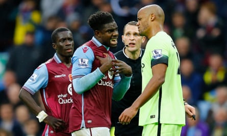Aston Villa’s Micah Richards faces up to Manchester City’s Vincent Kompany in 2015