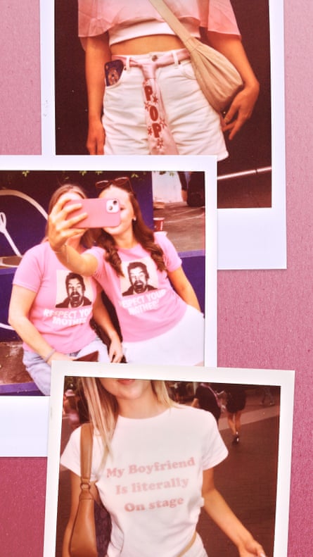 A collage of Polaroid-style photographs against a pink background shows several outfits and candid moments.