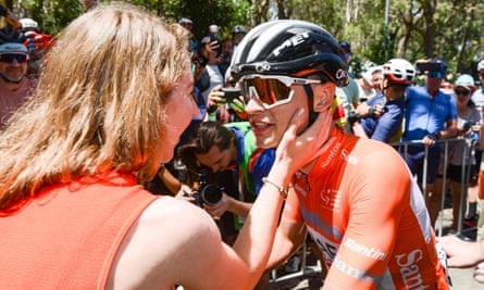 Australian cyclist Jay Vine celebrates with wife Bre after winning the 2023 Tour Down Under.