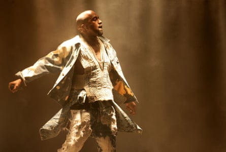 Kanye West performs at Glastonbury on 27 June 2015.