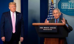 Donald Trump listens as director of the National Institute of Allergy and Infectious Diseases Dr Anthony Fauci speaks coronavirus briefing on 10 April.