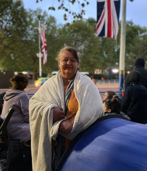 Cara Jennings, 52, from Minster in Kent camped for five nights to get a good view on The Mall. She’s jealously guarding her spot at the front of the railings.