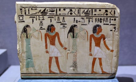 A close-up view of a painted rectangular limestone funerary stela of Nitptah displayed at the newly opened Cairo Airport Museum in Cairo, Egypt