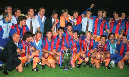 Pep Guardiola holds his medal aloft in front of Johan Cruyff after Barcelona’s European Cup win in 1992.