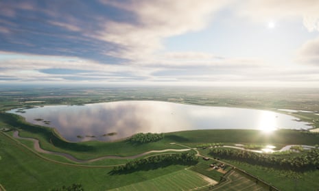 A photorealistic computer illustration of a large reservoir in flat rural landscape under a partly cloudy blue sky