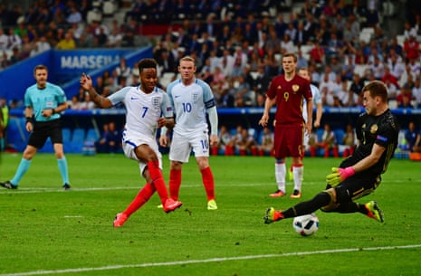Akinfeev spreads himself to save from Raheem Sterling who is offside anyway.