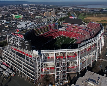 An aerial shot of an empty Levi’s Stadium.