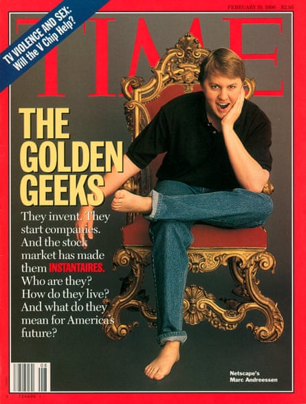 Time magazine cover, 19 February 1996, showing Marc Andresson sitting in a throne, barefoot. The headline is ‘The golden geeks’