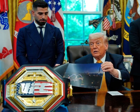 Donald Trump meets with UFC fighters Ilia Topuria, left, and Justin Gaethje, in the Oval Office, 6 May 2026.