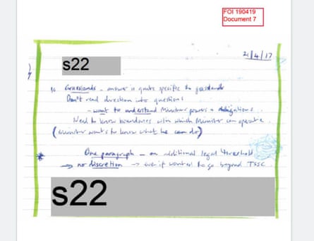 A bureaucrat’s handwritten note from a telephone conversation with Josh Frydenberg’s office dated 21 April 2017