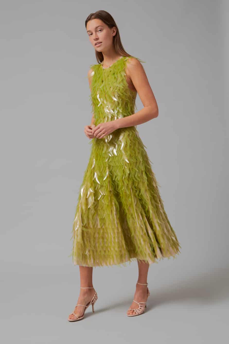 A dress covered in sequins made from ocean macroalgae, produced by designer Phillip Lim and designer and researcher Charlotte McCurdy