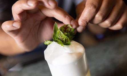 Adding a garnish of green herbs.