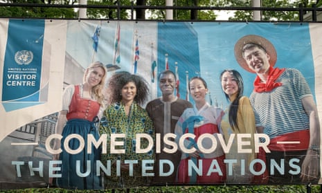A banner welcomes visitors to the United Nations headquarters in New York.