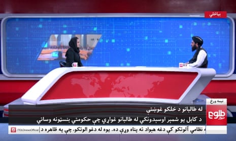 TOLOnews female presenter Beheshta Arghand interviewing Taliban spokesperson Mawlawi Abdulhaq Hemad.