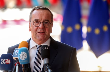 German minister of defence Boris Pistorius speaks to the press during a European Foreign Affairs and Defence Ministers Council in Brussels, Belgium, 20 May 2025.
