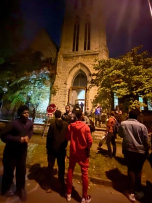 Louisville shortly after the 9:00pm curfew, showing the First Unitarian church where the protestors were guaranteed sanctuary by clergy, but then were virtually held hostage by police.