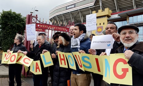 Campaigners protest about the sale of West Ham football ground for luxury flats rather than social housing