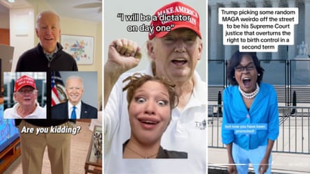 Three side by side photos. the first shows biden standing behind two small superimposed images - one of trump, one of biden - with the words ‘are you kidding’ under the smaller pics. second shows a young person looking bewildered over a picture of trump with the subtitle ‘i will be a dictator on day one’. the thrid shows a woman yelling superimposed over the exterior of the supreme court, with the caption “trump picking some random maga weirdo off the street to be his supreme court justice that overturns the right to birth control in a second term”