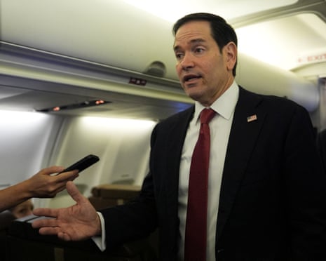 Marco Rubio speaking to reporters onboard his plane at Jaipur international airport in India