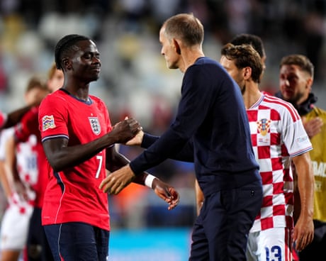 Thomas Tuchel with Bukayo Saka after England’s 7-0 rout of Croatia in Rijeka.