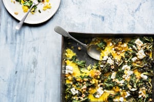 Quick saffron polenta bake: double-cooked – once in the pan and then finished under the grill with a scattering of squash, kale and feta.