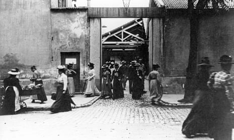 a still from Workers Leaving the Lumière Factory in Lyon, the first film screened for the public by the Lumiére brothers in 1895.