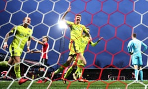 Jon Stead (centre) celebrates his winning goal against Brentford in the third round of the FA Cup.