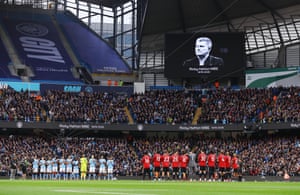 A one minute’s applause is observed ahead of the match in memory of Ricky Hatton at the Etihad during Sunday’s Manchester derby.