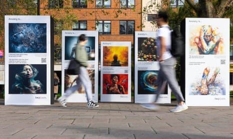 An exhibition of AI art outside London’s Waterloo station, which has been created by the British Association for Counselling and Psychotherapy (BACP), to mark Mental Health Awareness week. 