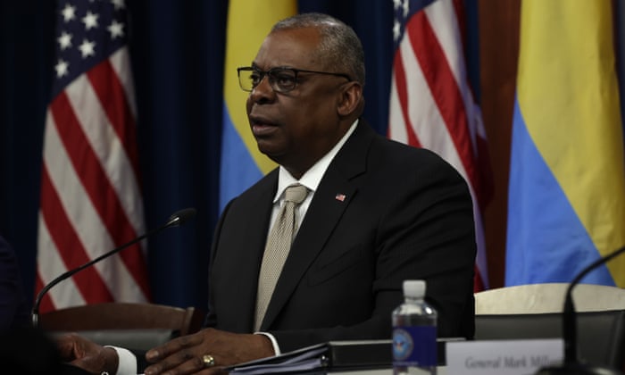 Lloyd Austin at the Pentagon during the virtual meeting of the Ukraine Defence Contact Group.