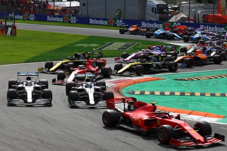 Charles Leclerc leads the field at the start of the 2019 Italian Grand Prix at Monza.