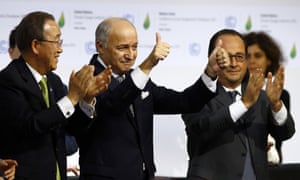 Left to right: Ban, Fabius, Hollande.