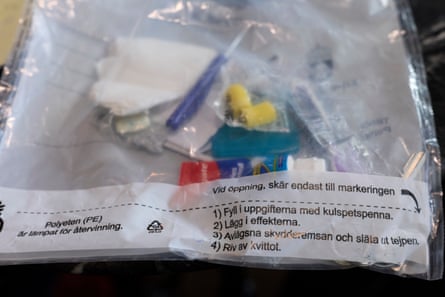 A bag containing a toothbrush, toothpaste and earplugs that was given to Charles in the Swedish detention centre where he was locked up for two weeks.