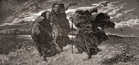 Three witches in a windswept scene from Macbeth