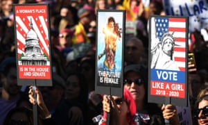 Protesters attend the Los Angeles rally on the anniversary of the Women’s March. Women now make up almost 20% of Congress.