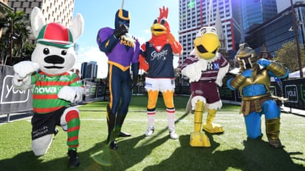 Rabbitohs, Storm, Roosters, Sea Eagles and Titans mascots pose in Brisbane