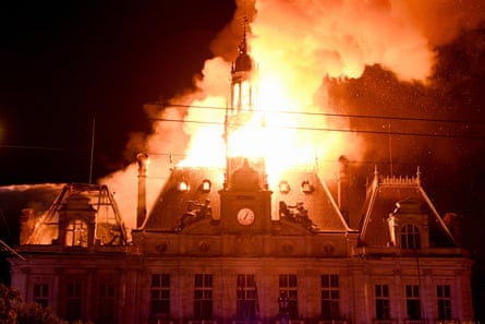 The city hall in Limoges, central France, on fire after protests turned violent, 17 October 2026.