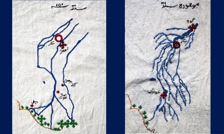 Two textile artworks by Bhutto depicting the Indus River and mangrove forests in AD750 (left) and the river today, with extensive canal system and a decline in the forests (stitched in green).