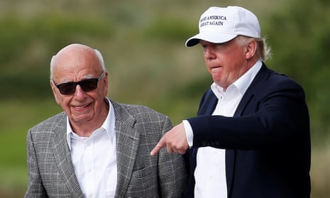 Republican presidential candidate Donald Trump speaks to media mogul Rupert Murdoch as they walk out of Trump International Golf Links in Aberdeen. Rupert Murdoch and his conservative media outlets like the WSJ are among the worst influences on perceptions of climate change.