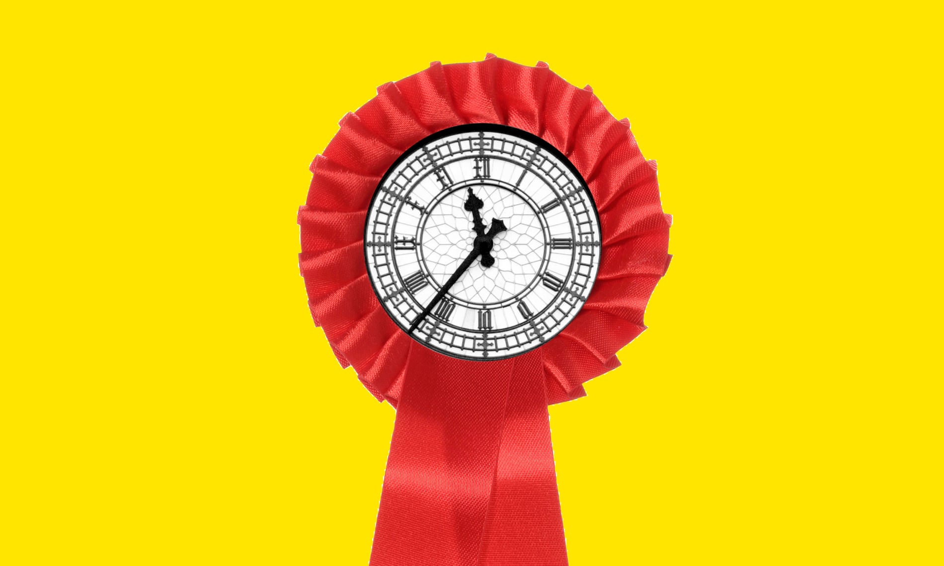 Big Ben inside a red rosette on a yellow background.