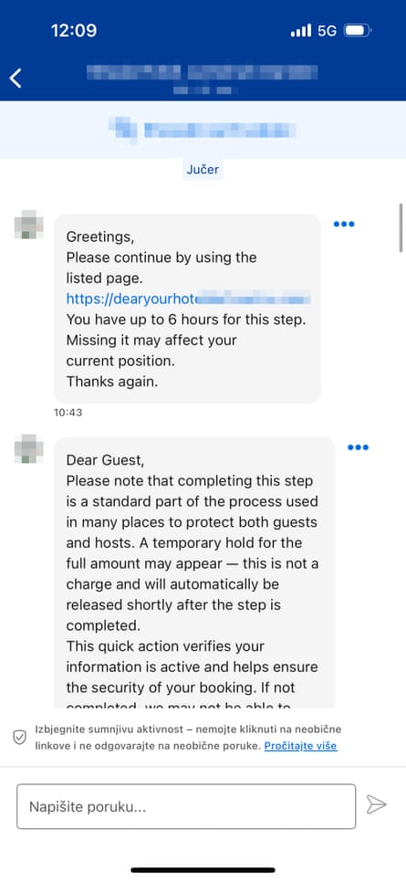 A scam message apparently sent via Booking.com