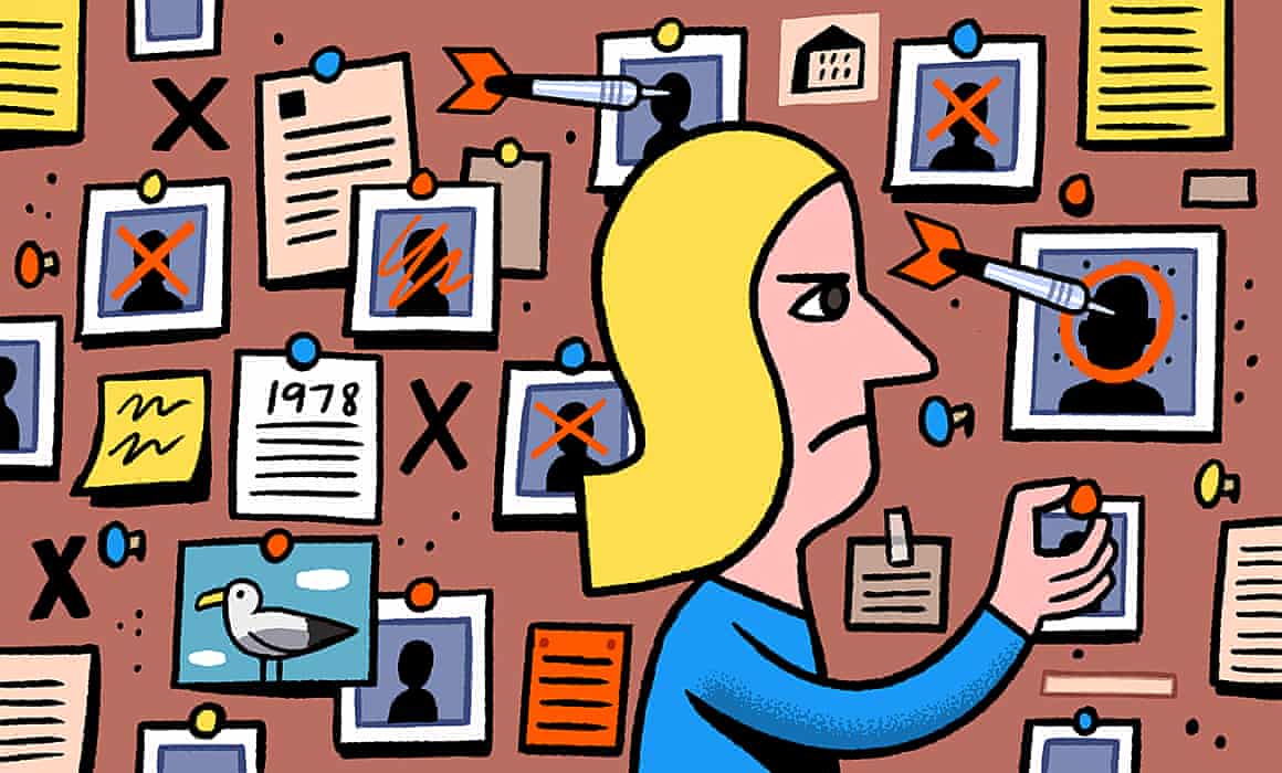 Illustration of a woman with a pinboard full of photographs and dates of all her grudges