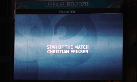 The big screen at Parken names Christian Eriksen as the player of the match