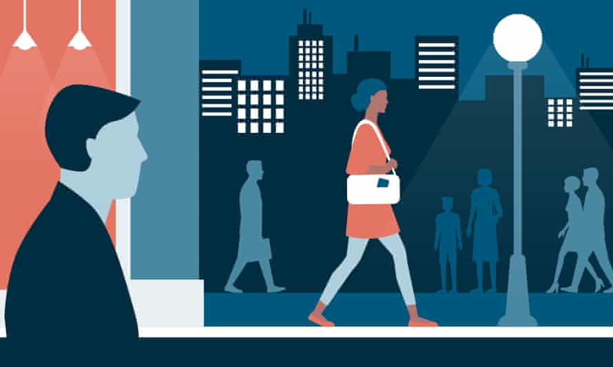 Illustration of a woman walking alone at night while a man watches