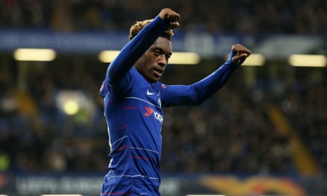 Callum Hudson-Odoi of Chelsea celebrates after scoring against PAOK in the Europa League.